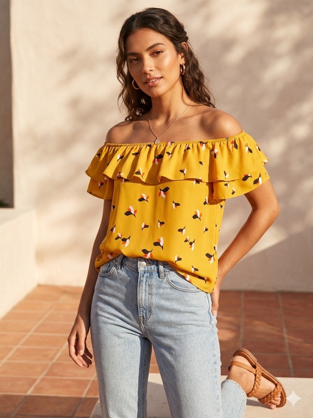 Xhilaration Off-Shoulder Ruffle Floral Top - Mustard Yellow